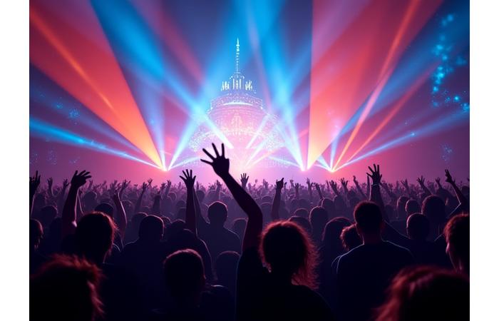 Dynamic light installations illuminating a diverse crowd at a large-scale music festival, embodying immersive experiences and community.