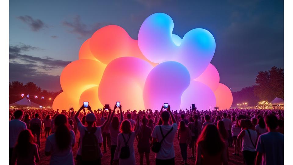 Attendees at a festival interacting excitedly with a large, glowing, branded art installation, capturing photos.