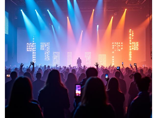Spectacular immersive light and sound art installation at a vibrant music festival, with people interacting with glowing elements