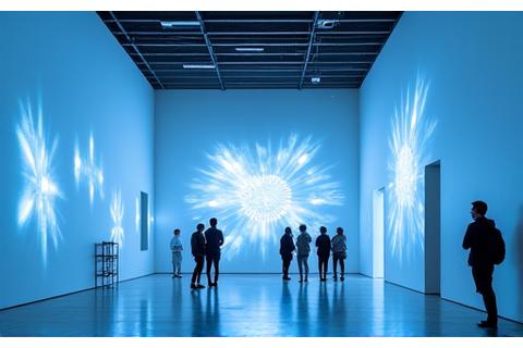 A sophisticated, interactive art piece within a modern indoor gallery setting.