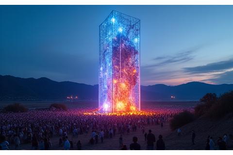 A large-scale outdoor art installation at a festival, blending with the natural landscape.