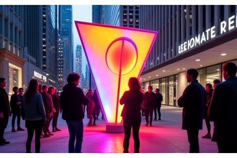 A vibrant pop-up art installation transforming a previously mundane urban corner.