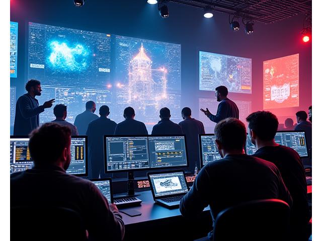 Team of audio engineers and event producers collaborating in a modern studio environment, surrounded by sound equipment and stage blueprints, showcasing expertise and collaboration.