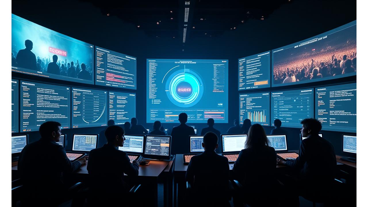 Live monitoring dashboard displaying real-time data streams, sentiment analysis, and alerts during an event