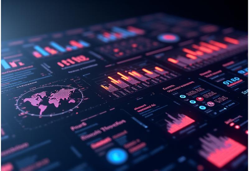 A vibrant, futuristic dashboard displaying music analytics, attendee demographics, social media sentiment graphs, and artist popularity trends.