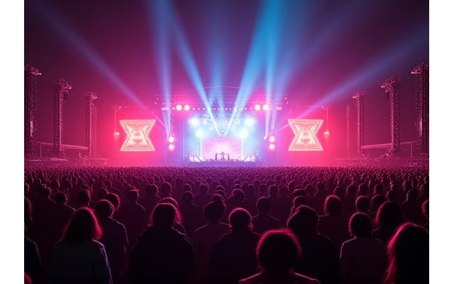 A massive, densely packed crowd at a sold-out Desert Bloom Festival, illuminated by dazzling stage lights at night.