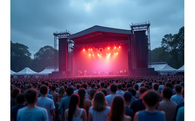 A sparsely attended outdoor music festival stage during the day, with few people visible in the audience.