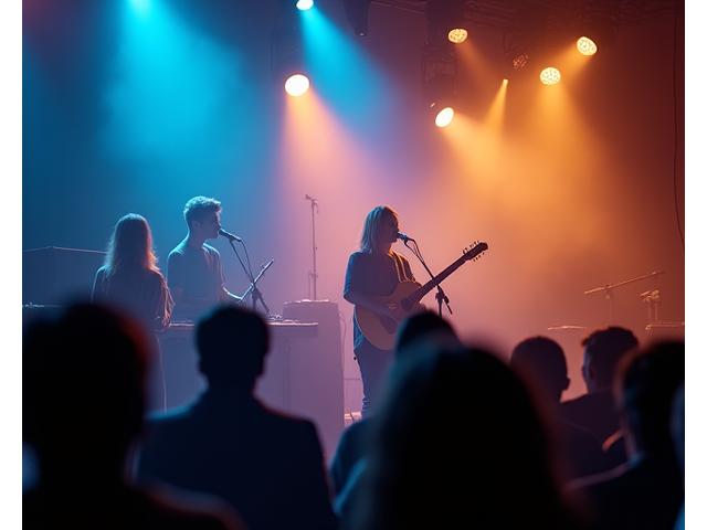 A rising electronic music DJ performing an intimate set in a dimly lit club, with subtle smoke effects and a focused audience.