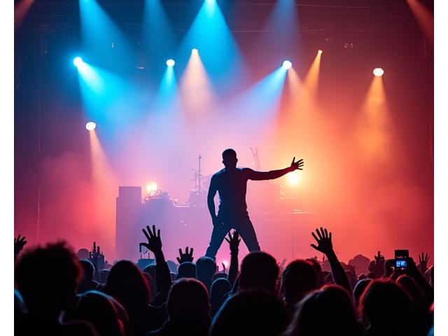 Close-up of a legendary rock band lead singer performing on a large festival stage with dramatic lighting.