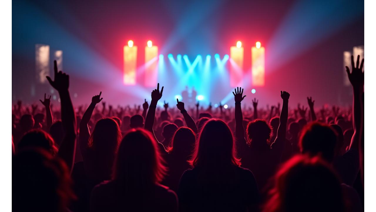 Energetic crowd at a music festival under vibrant stage lights, with hands raised and diverse faces showing excitement.