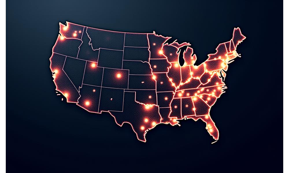An abstract, stylized map of North America overlaid with connected nodes and lines, representing booking agency partnerships and industry connections in major cities like Los Angeles, New York, Nashville, and Austin.