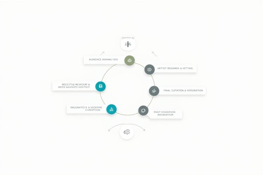 Infographic depicting a circular 5-step process for music festival lineup curation: Audience Analysis, Genre Mapping, Artist Research & Vetting, Negotiation & Booking, Final Curation & Integration.
