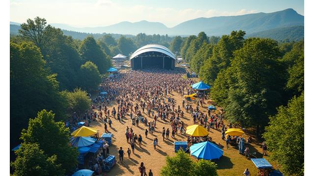 Vibrant, lush festival grounds seen from above, with solar panels and clear recycling stations visible, symbolizing a thriving, eco-conscious event.