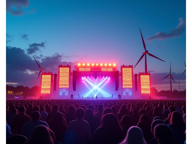 A large-scale music festival stage powered by a visible array of solar panels and sleek wind turbines in the background at twilight.