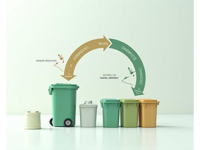 Illustration of a circular waste management system with bins clearly marked for compost, recycling, and landfill, showing waste being sorted and diverted.