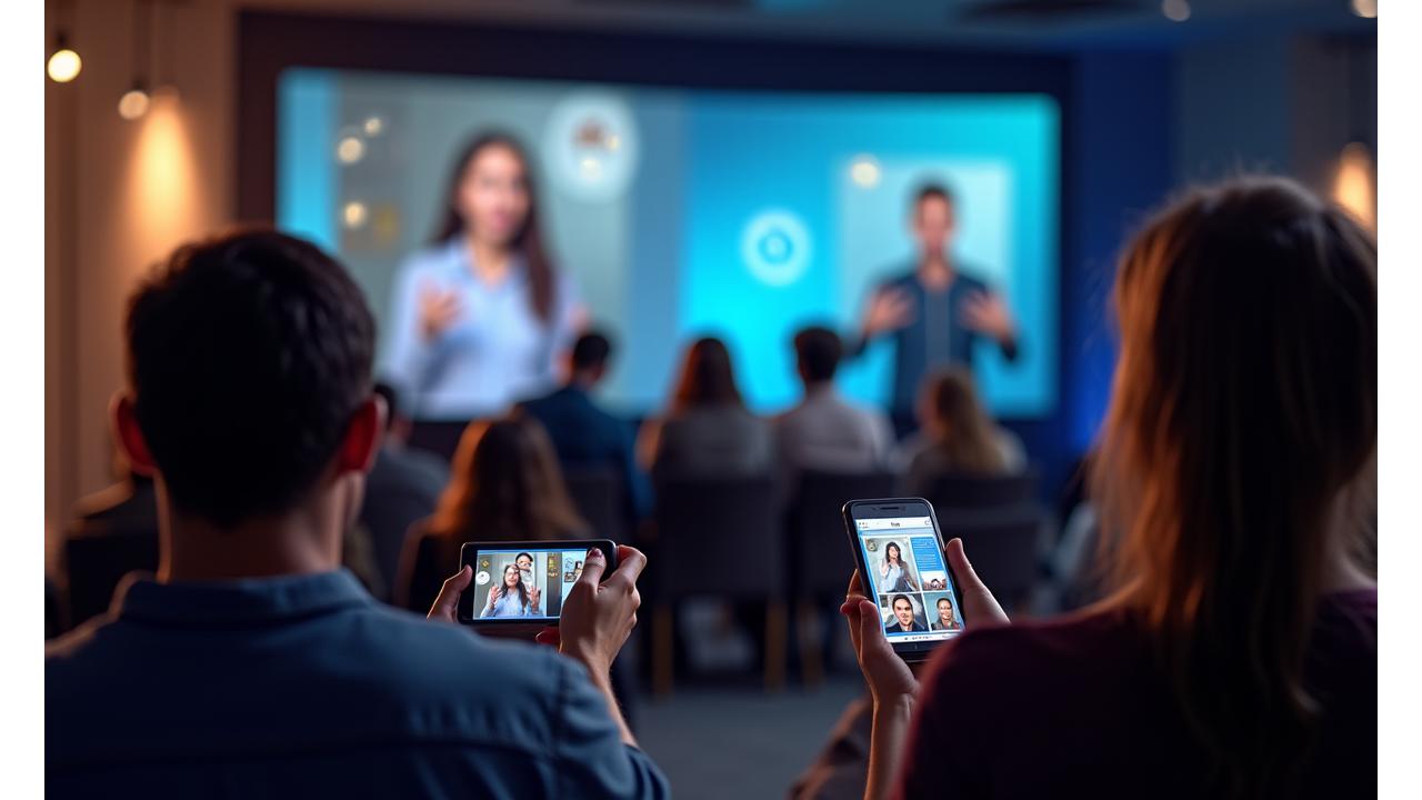 Diverse group of people interacting with an event, some using assistive technologies like closed captions on screens, sign language interpreters, and audio descriptions, symbolizing inclusive event design.