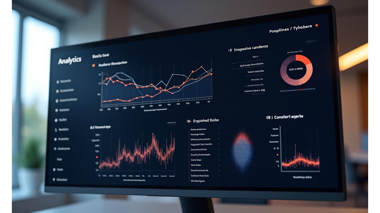A modern, sleek analytics dashboard displaying various charts and graphs representing event attendance, engagement rates, content consumption, and geographical data for both physical and virtual attendees.