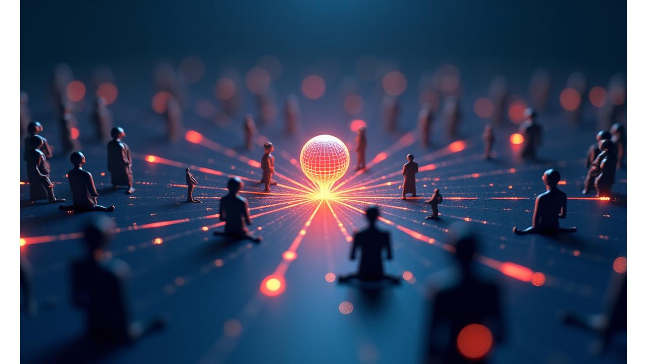 Illustration of a network of diverse participants, some in a physical venue, others interacting virtually through devices, all connected by glowing lines representing engagement and data flow.