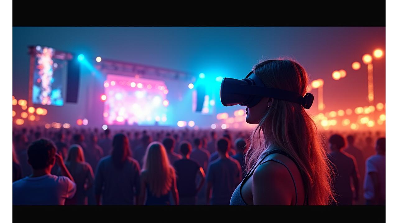 Visually split screen showing a vibrant live music festival audience on one side and immersive virtual reality concertgoers on the other, seamlessly blended.