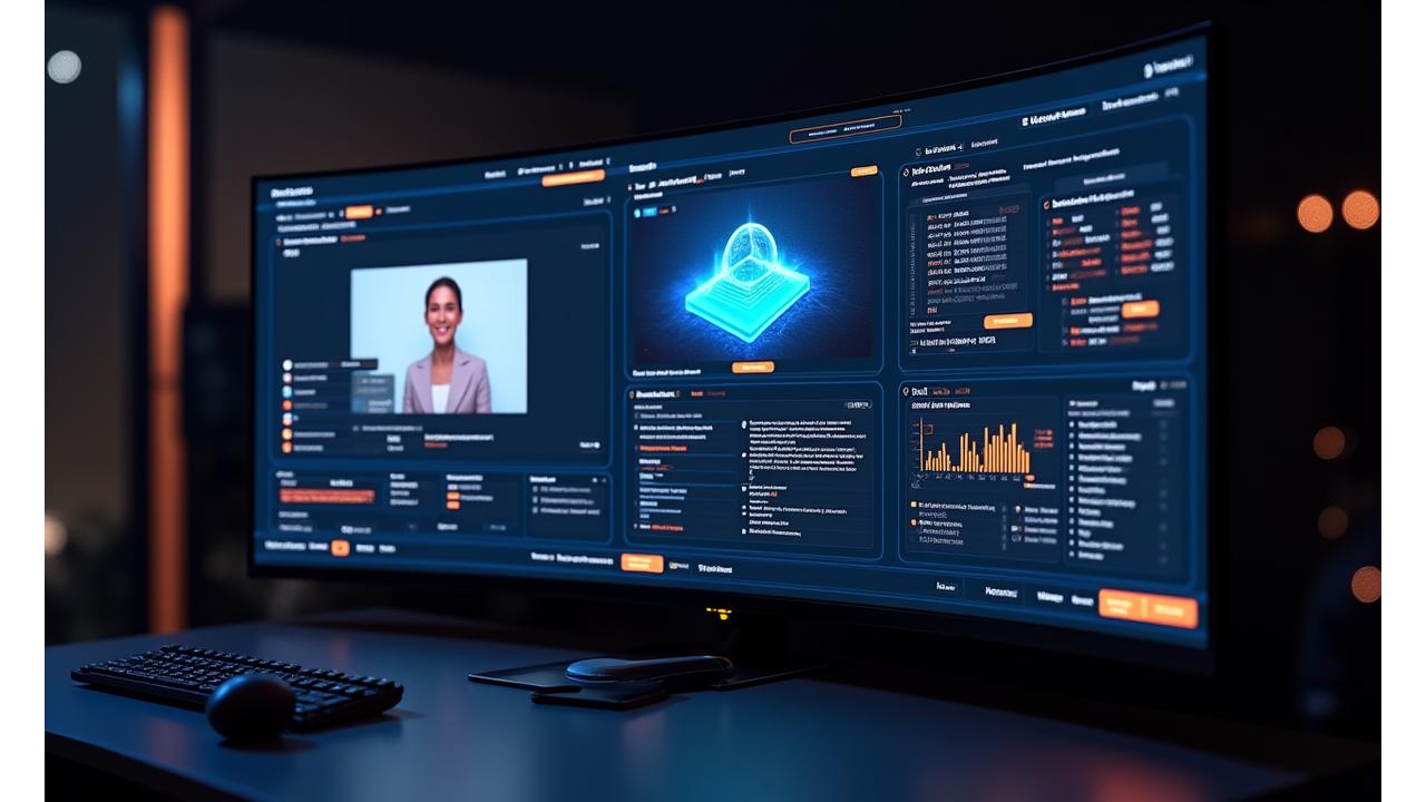Advanced virtual event platform interface showing live streaming windows, interactive chat, 3D rendered virtual environments, and analytics dashboards.
