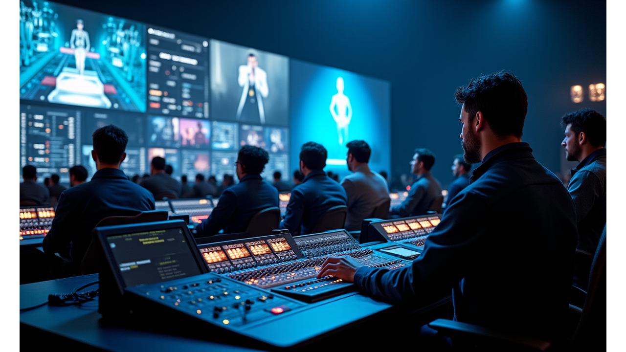 Professional event production control room with multiple monitors displaying live feeds, sound mixing boards, and crew working to manage a hybrid event.