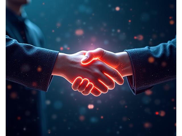 Stylized abstract image of a secure digital handshake over encrypted data streams, representing robust non-disclosure agreements and client confidentiality in a blue and orange color scheme.