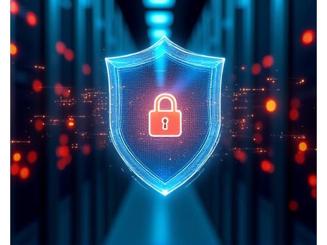 Digital shield icon with multiple layers of encryption and data flow lines, representing robust security measures in a dark, technological environment.