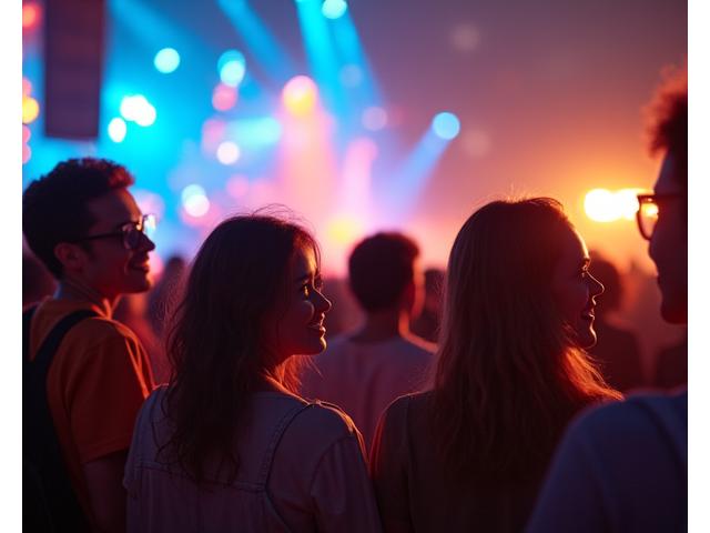 Diverse group of happy festival attendees enjoying an immersive light installation