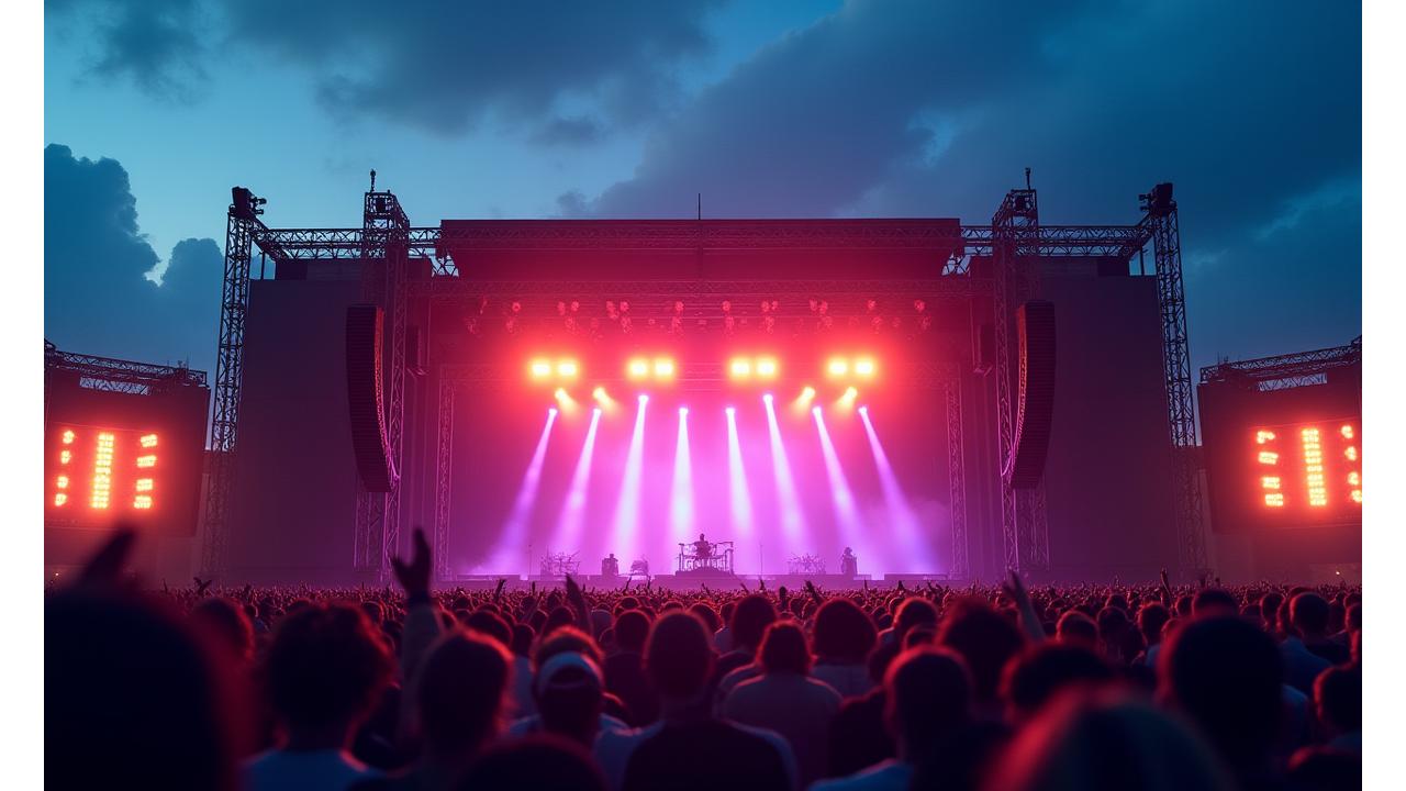 Massive line array sound system glowing on a festival stage at dusk, projecting crystal clear sound