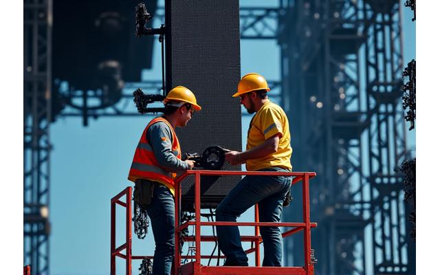 Audio engineers on a scissor lift installing line array speakers