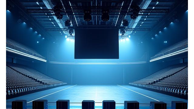 Large line array speakers hanging in a modern sports arena during a concert