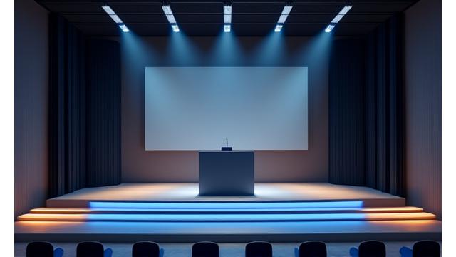 Professional audio setup in a sleek corporate conference hall for a presentation