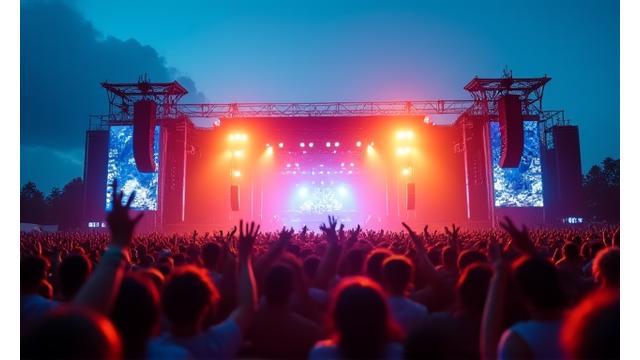 Crowd enjoying a concert at a multi-stage music festival with large sound systems