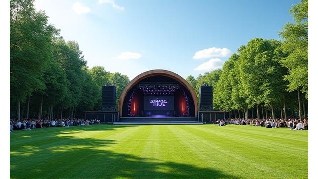 Concert stage in a scenic outdoor park with a clear sky and visible sound towers