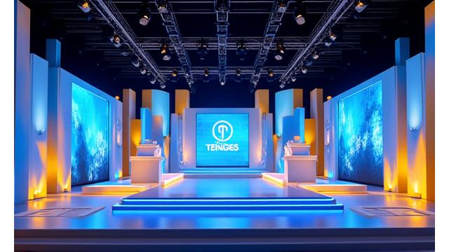 Corporate event stage dynamically branded with company logos, colors, and interactive elements