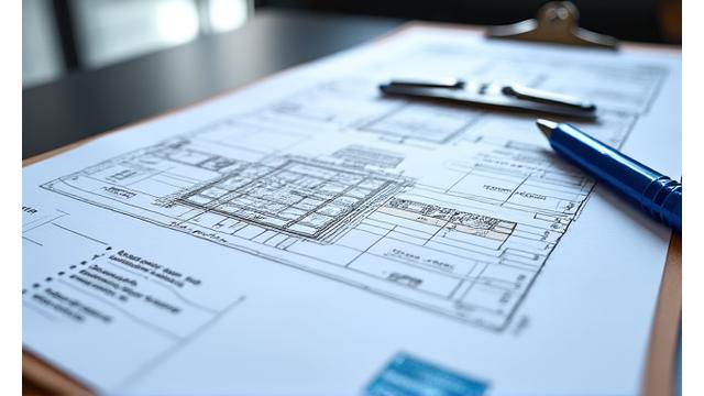 Close-up of engineering blueprints with safety certification stamps