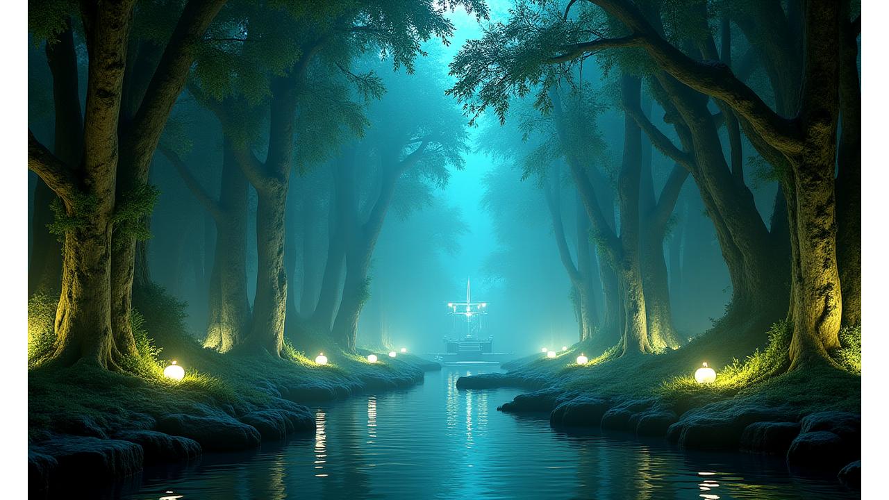 Organic, forest-themed stage with natural elements and subtle lighting