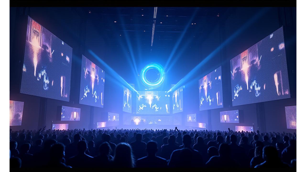 Futuristic multi-level stage with integrated LED screens and holographic effects