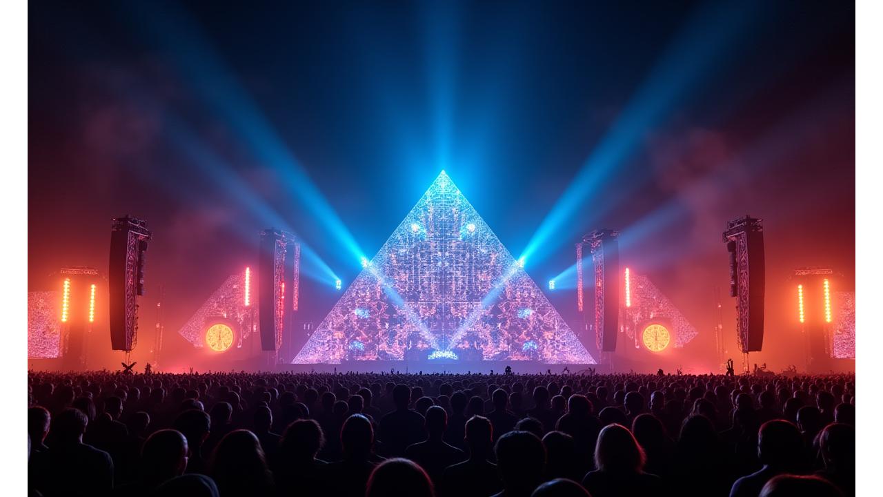 Massive festival stage with intricate pyramid design and vibrant light show