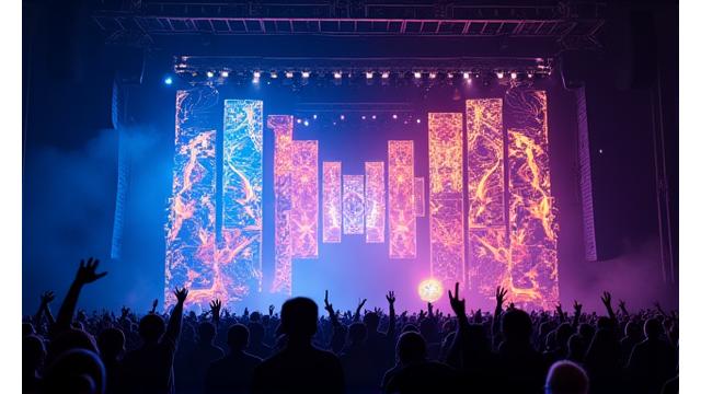 Integrated custom LED panels on a stage structure producing vibrant patterns