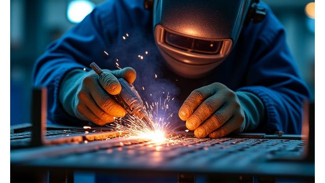 Skilled welder working on intricate metal stage structure