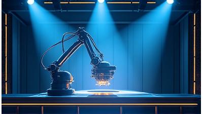 Robotic arm precisely positioning a stage lighting fixture