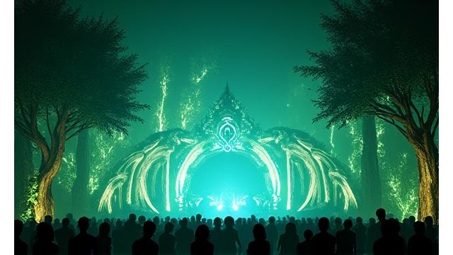 Fantasy-themed festival stage with intricate illuminated sculptures and flowing water elements