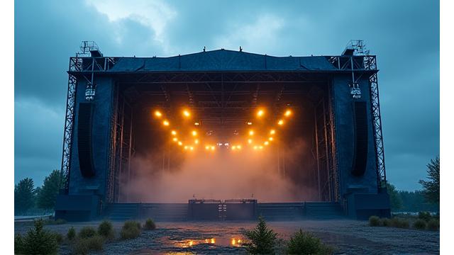 Outdoor festival stage design standing strong against a realistic weather simulation