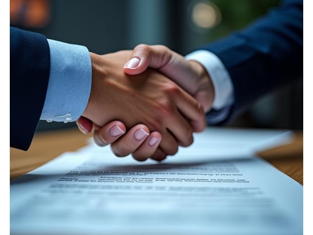 Close-up of hands shaking over a complex contract with blueprints in the background, symbolizing clear agreement and partnership in event production.