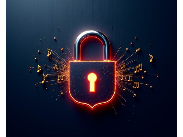 Stylized abstract graphic of a lock icon integrated with creative elements like musical notes and light waves, representing protection of intellectual property in event design.