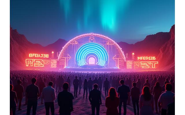 Render of attendees enjoying the Aurora Fest, a futuristic music festival in a desert landscape with unique stage designs.