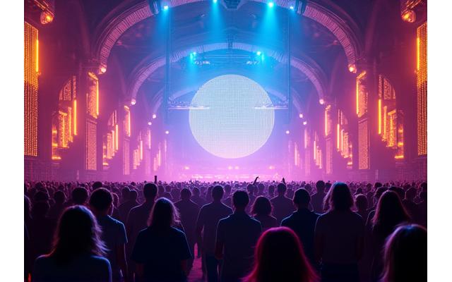Vibrant image of a crowd at 'Vortex Sound Collective' festival, with dynamic light shows and a unique circular stage.