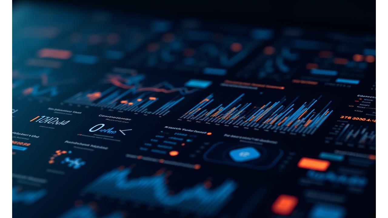 Data visualization dashboard with charts and graphs showing market trends and audience demographics, in a modern, dark theme.