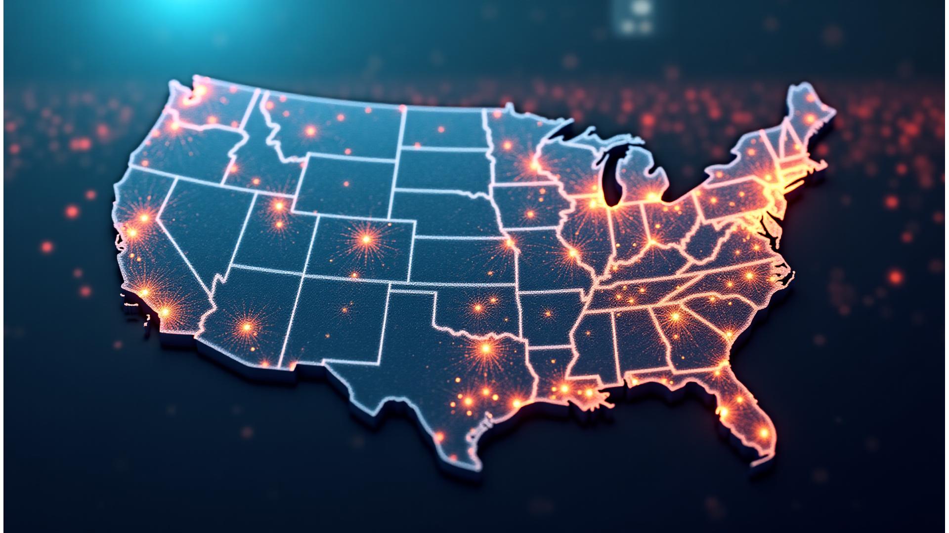 Abstract map of the USA with glowing lines connecting cities, representing market opportunities and strategic connections.